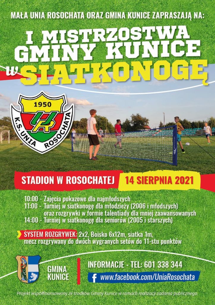 Plakat wydarzenia "I mistrzostwa Gminy Kunice w Siatkonodze"