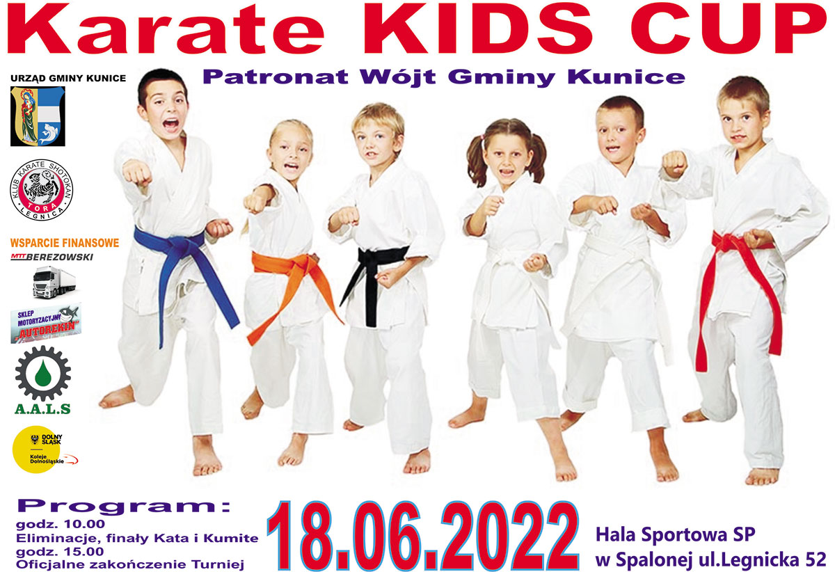 karate kids cup 2022 - plakat, zaproszenie na wydaczenie 18.06.2022 - patronat Wójt Gminy Kunice