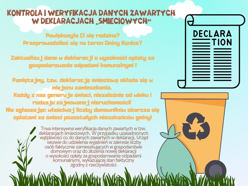 Plakat z żółtym koszem do segregacji odpadów oraz worek + tekst artykułu.