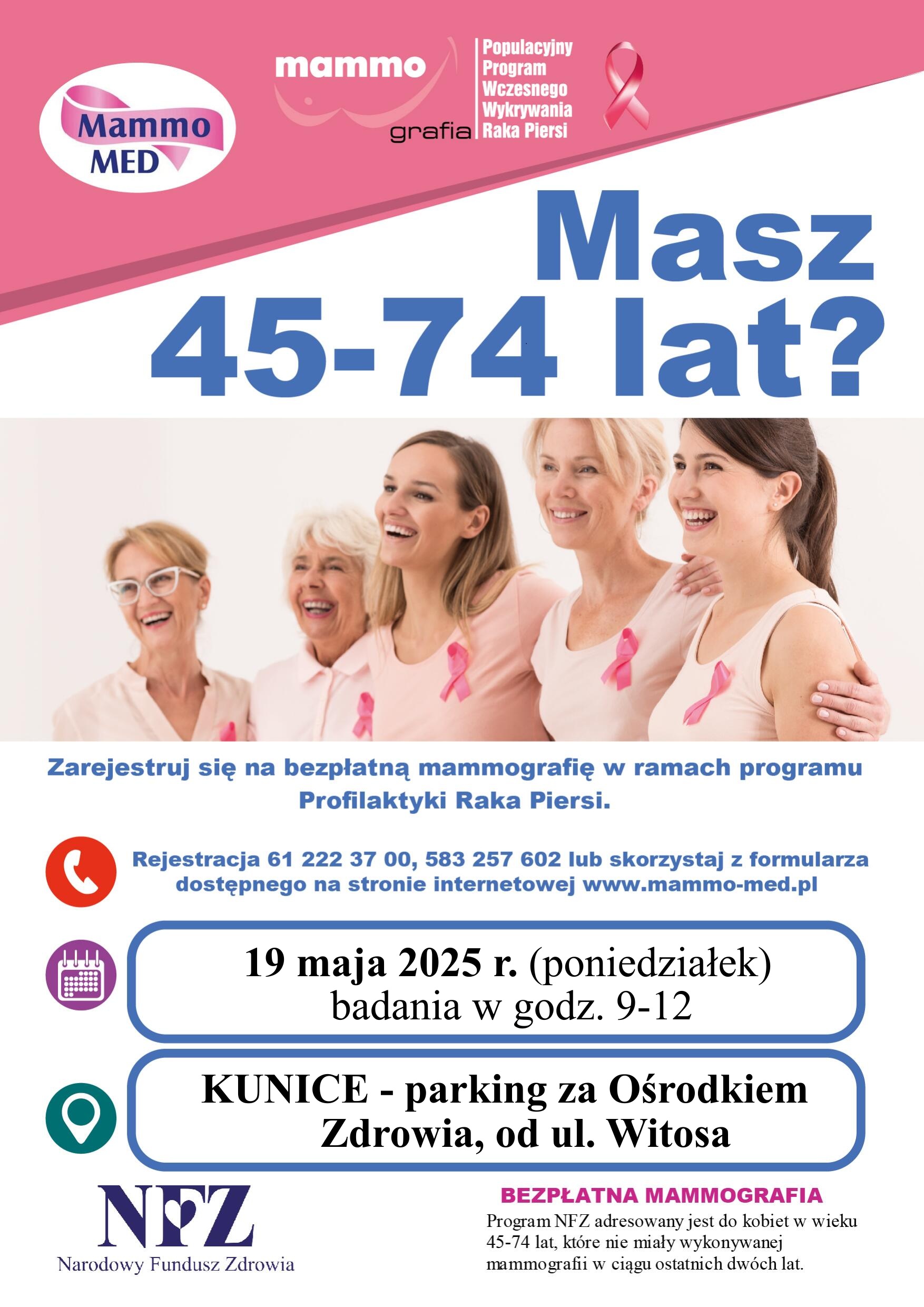 Plakat informujący o darmowej mammografi w Kunicach