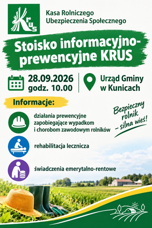 Plakat - zaproszenie do Urzędu Gminy w Kunicach w dniu 28.09.26 r. na stoisko KRUS